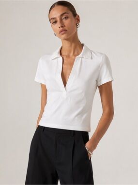 BDG Urban Outfitters White Fitted Open Neck Polo Top Size M